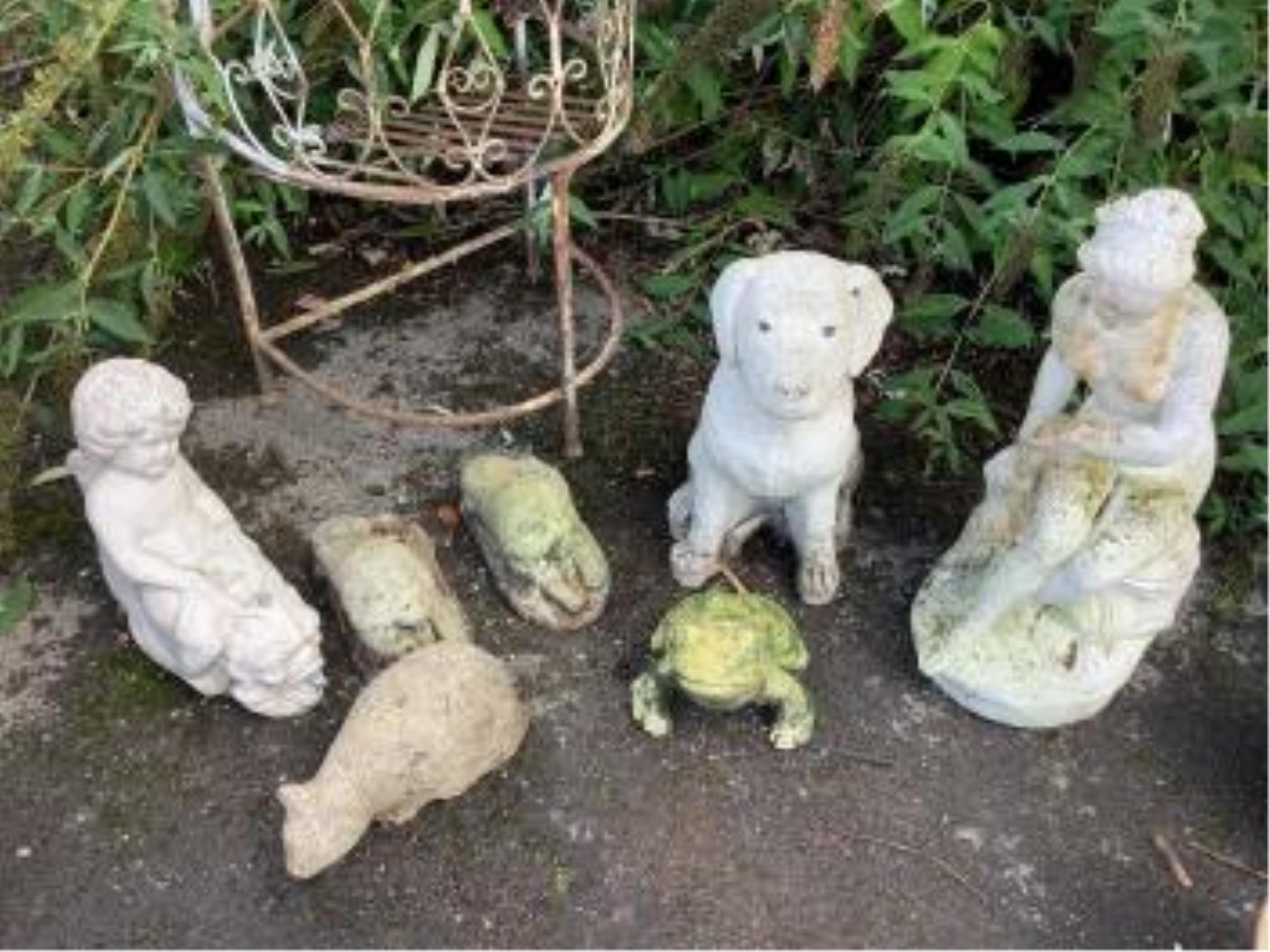 Ten assorted reconstituted stone and terracotta garden ornaments, busts and assorted animals, largest height 60cm. Condition - all weathered but otherwise fair